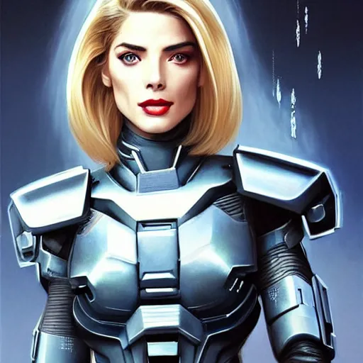 Image similar to A combination of Adriana Dxim's and Grace Kelly's and Ashley Greene's appearances with blonde hair wearing Forerunner armor from Halo, high tech, action shot, angular, full body portrait, futuristic, dramatic, fantasy, intricate, elegant, highly detailed, artstation, matte, sharp focus, 8K, art by Artgerm and Greg Rutkowski and Alphonse Mucha