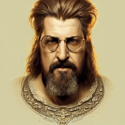 Image similar to portrait of big lebowski, deep focus, d & d, fantasy, intricate, elegant, highly detailed, digital painting, artstation, concept art, matte, sharp focus, illustration, art by artgerm and greg rutkowski and alphonse mucha