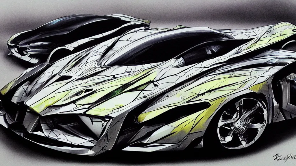 Image similar to modern, automotive design rendering, airbrush, markers, concept car, futuristic, aggressive styling, on ancient paper