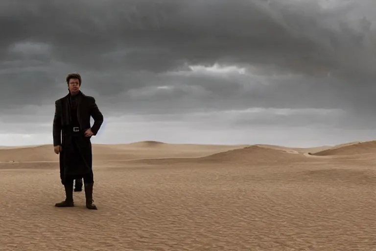Image similar to a cinematic wide angle shot of a man in his early twenties, in the 2 0 2 1 movie dune, stormy weather, dry, film still, cinematic, dramatic lighting, by zack snyder