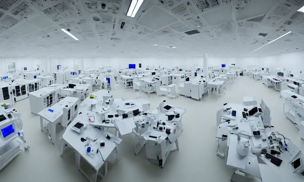 Image similar to inside of secret military laboratory, technology, bright, white, big space, laboratory equipment