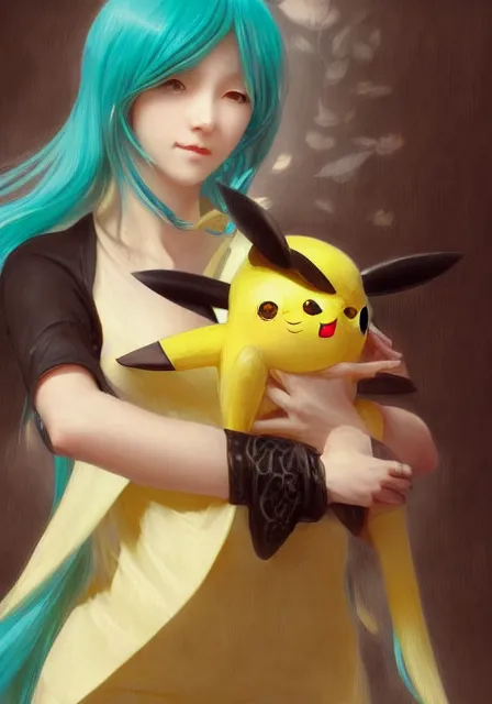 Image similar to hatsune miku holding pikachu, intricate, elegant, highly detailed, digital painting, artstation, concept art, smooth, sharp focus, illustration, art by artgerm and greg rutkowski and alphonse mucha and william - adolphe bouguereau