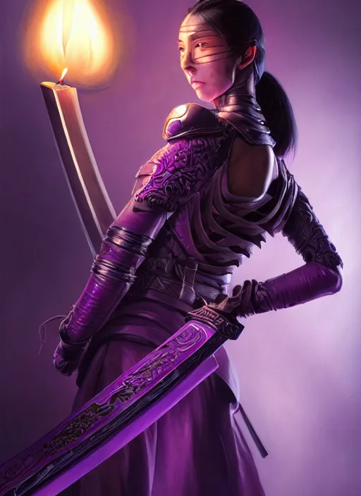 Image similar to back, behind, portrait of a woman in purple leather future armor with a long black ponytail, holding a katana with glowing purple runes carved into the katana, intricate, elegant, candle light, highly detailed, digital painting, artstation, concept art, smooth, sharp focus, illustration, art by wlop, mars ravelo and greg rutkowski