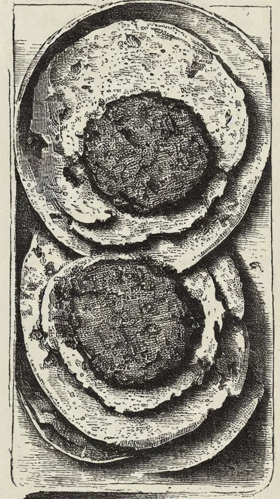 Image similar to esoteric etching print of a mcdonald's burger and fries, amphitheatrum sapientiae aeternae, 1 5 9 5