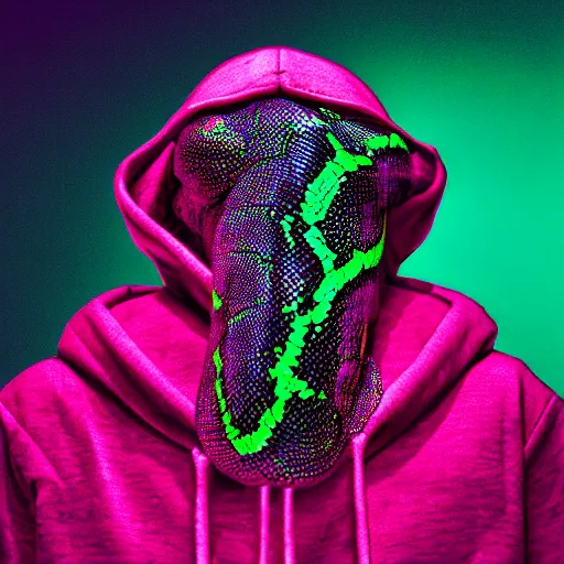 Image similar to green python snake head in hoodie, portrait, vaporwave, synthwave, neon, vector graphics, cinematic, volumetric lighting, f 8 aperture, cinematic eastman 5 3 8 4 film, photorealistic