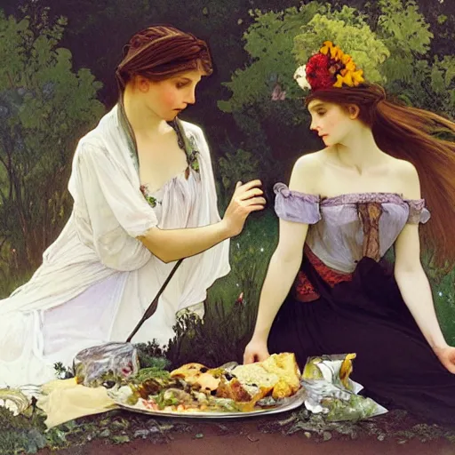 Image similar to a Taxi-Cab-Lunch-Picnic, spread-across-the-hood, romantic luncheon art by alphonse mucha and Monia Merlo and Raymond Swanland