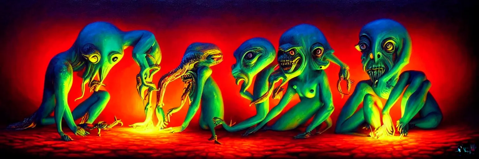 Image similar to whimsical creature freaks from the depths of the collective unconsciouis, dramatic lighting from fire glow, surreal darkly colorful painting by ronny khalil