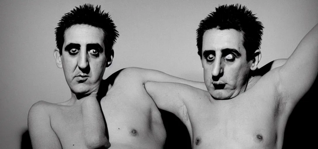 Prompt: highly detailed photo portrait of terry hall for the magazine cover, no clothes, raised hands, white background, new york, by helmut newton, black and white, highly detailed, cinematic, dynamic lighting, film camera, twen magazine