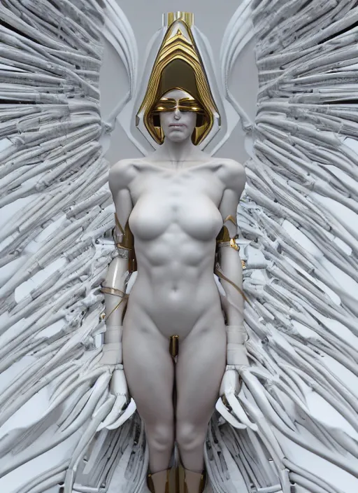 Image similar to a statue made of white marble with gold veins, of an gorgeous futuristic cybernetic angel girl, prostheses, transhumanism, full body shot, perfect symmetrical body, perfect symmetrical face, hyper realistic, hyper detailed, by johannen voss, by peter kemp, by monia merlo, by michelangelo, octane render, blender, 8 k