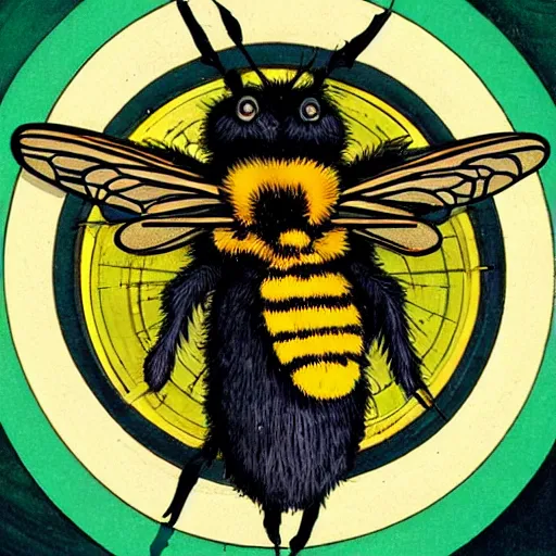 Prompt: a fierce dead bumblebee in the middle of a bloody bullseye at the center of the crosshairs of a gun, art nouveau, fantasy illustration, tarot