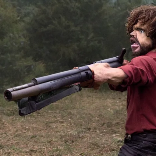 Prompt: Peter Dinklage as Rambo, screaming and shooting a rocket launcher, photo, detailed, 4k