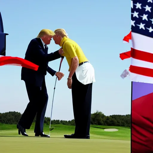 Prompt: donald trump is playing golf with hitler