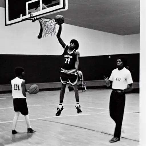 Prompt: photograph of two man playing basketball in Harlem high school, circa 1975