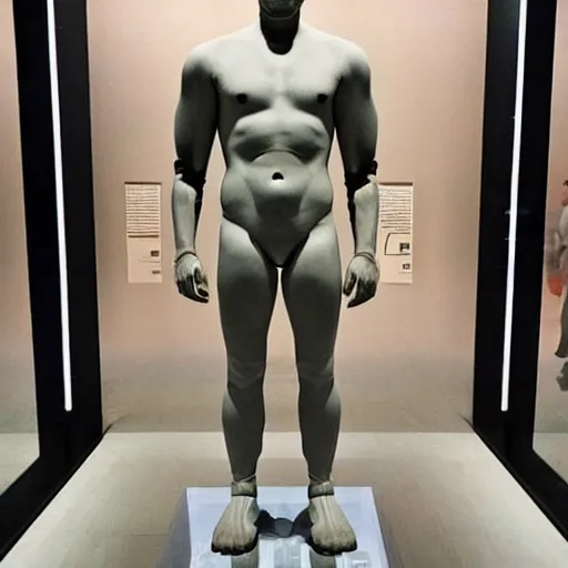 Image similar to “ a realistic detailed photo of a guy who is an attractive humanoid who is half robot and half humanoid, who is a male android, actor liam hemsworth, shiny skin, posing like a statue, blank stare, at the museum, on display ”