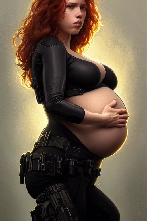 Image similar to pregnant black widow, realistic portrait, symmetrical, highly detailed, digital painting, artstation, concept art, smooth, sharp focus, illustration, cinematic lighting, art by artgerm and greg rutkowski and alphonse mucha