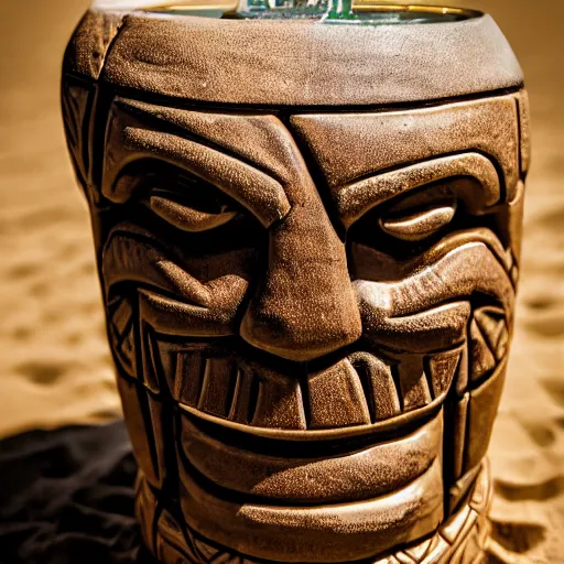 Image similar to a closeup photorealistic photograph of ben grimm's face on a tiki mug at a trader vic's beach bar. fantastic four. tiki culture. bright scene. fine detail. this 4 k hd image is trending on artstation, featured on behance, well - rendered, extra crisp, features intricate detail, epic composition and the style of unreal engine.