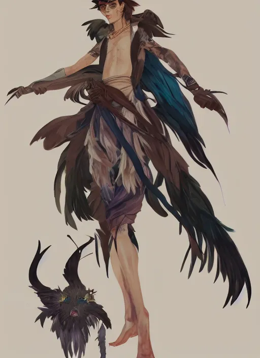 Prompt: concept art painting of an androgynous harpy person with black feathers, pirate clothes, detailed, realistic, cel shaded, in the style of makoto shinkai and james gurney and alphonse mucha and greg rutkowski and artgerm