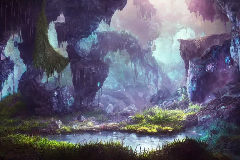 Prompt: beautiful stunning painting of a deep mysterious rocky varied cave landscape filled with large magic glowing clear crystals and filled with some ((plants)) and a small reflective pond, fantasy, digital art, realism, unreal engine, sharp, detailed, trending on artstation
