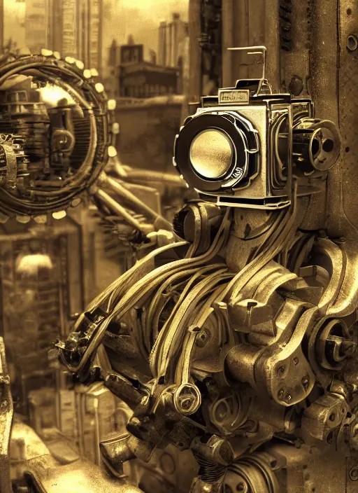 Image similar to automaton with an old - school camera for a head, sci - fi, dystopian, 4 k, realistic, render, detailed, gears, wires, cables, gadgets