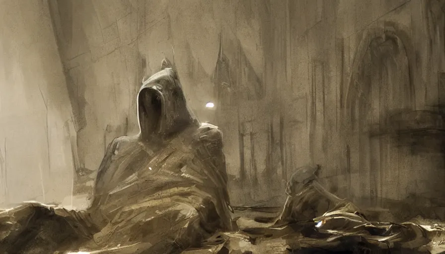 Image similar to A Big Enigmatic Hooded Being sits on his throne, low angle shot, concept art, denis villeneuve