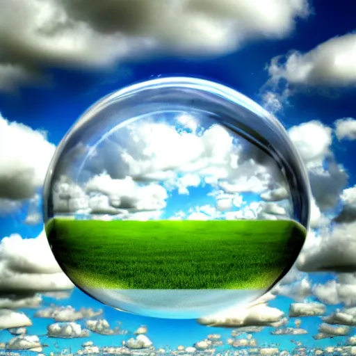 Image similar to A photograph of the Windows XP Bliss wallpaper inside of a giant floating soap bubble, floating in a blue and cloudy sky.