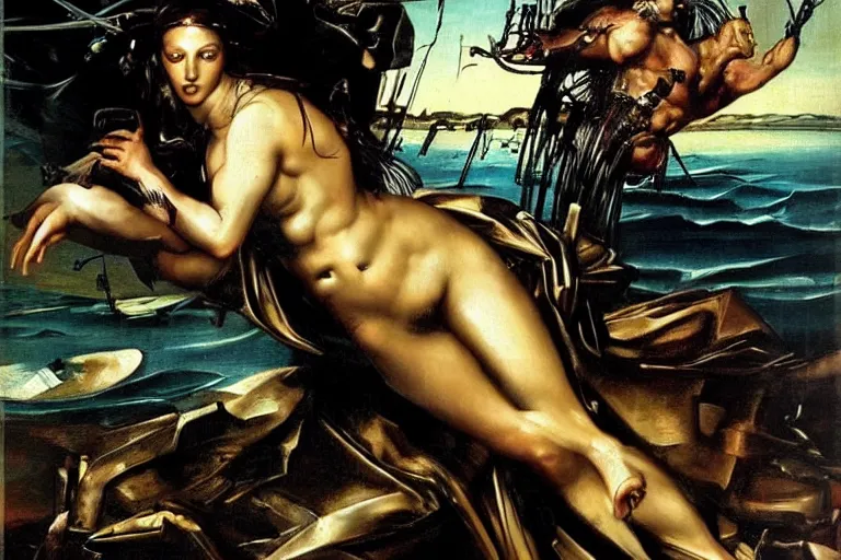 Image similar to The Birth of Venus repainted by Simon Bisley, extreme muscle tone, dramatic pose, cybernetically enhanced, cyberpunk, augmented human, by da Vinci, by HR Giger