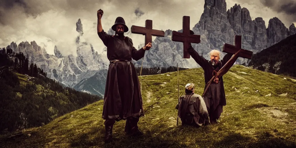 Prompt: alpine farmer holding up satans cross, dolomites in background, dark, eerie, despair, portrait photography, artstation, adward winning, artstation, highly detailed, sharp focus, by caravaggio