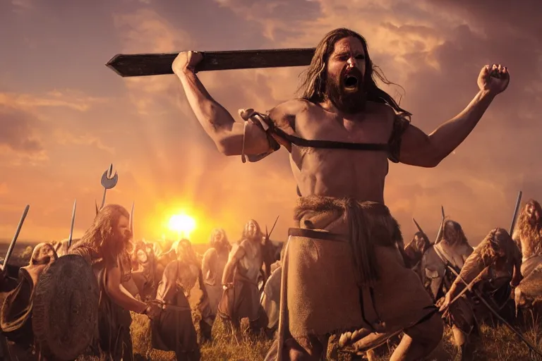 Image similar to Jesus Christ as a viking holding a iron battleax yelling and raising his arms in a scandinavian field, 8k, hyperrealistic, professional photography, epic composition, golden hour