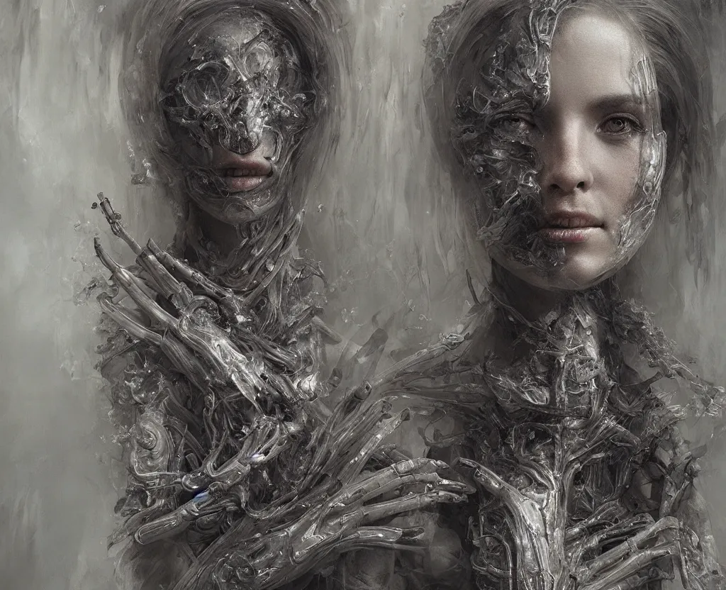 Prompt: portrait of a beautiful lady from heaven covered with transparent smoke, a painting by h. r giger and greg rutkowski. hyper detailed portrait.