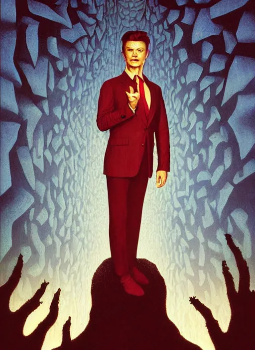 Image similar to twin peaks poster art, david bowie stands before the maze, old retro pulp, by michael whelan, rossetti bouguereau, artgerm, retro, nostalgic, old fashioned