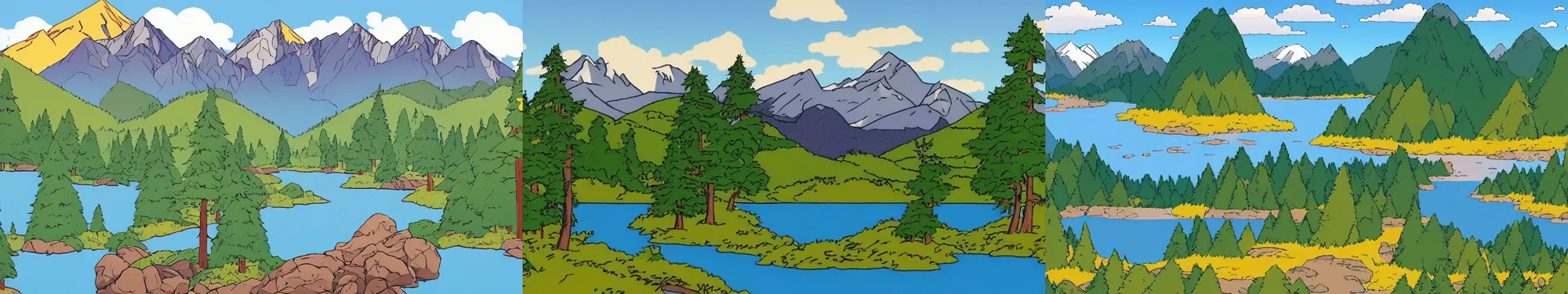 Prompt: mountains, trees, and lake, in the style of the simpsons