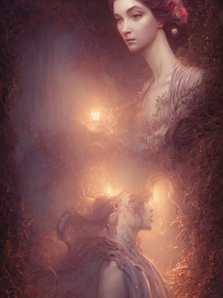 Image similar to highly detailed portrait of beautiful ethereal woman in ornate clothing, stephen bliss, unreal engine, fantasy art by greg rutkowski, loish, rhads, ferdinand knab, makoto shinkai and lois van baarle, ilya kuvshinov, rossdraws, tom bagshaw, global illumination, radiant light, detailed and intricate environment