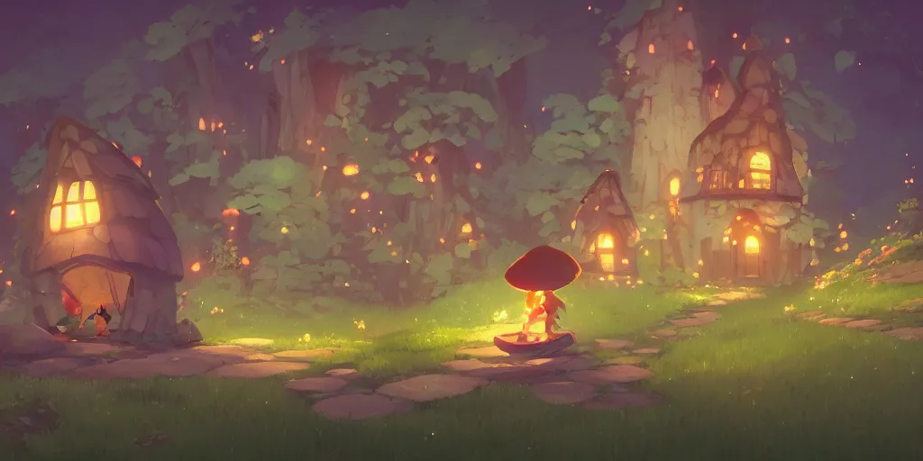 Image similar to small fairy mushroom house, by cory loftis & akihiko yoshida & james gilleard & atey ghailan & makoto shinkai & goro fujita & studio ghibli, rim light, exquisite lighting, clear focus, magic atmosphere, lights, night, very coherent, plain background, soft painting