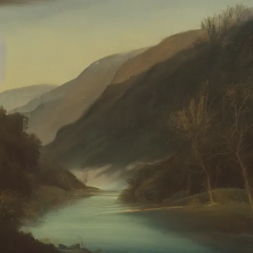 Prompt: a cinematic painting of a vast serene landscape overlooking a river and a mountain, wind blowing the leaves from the trees