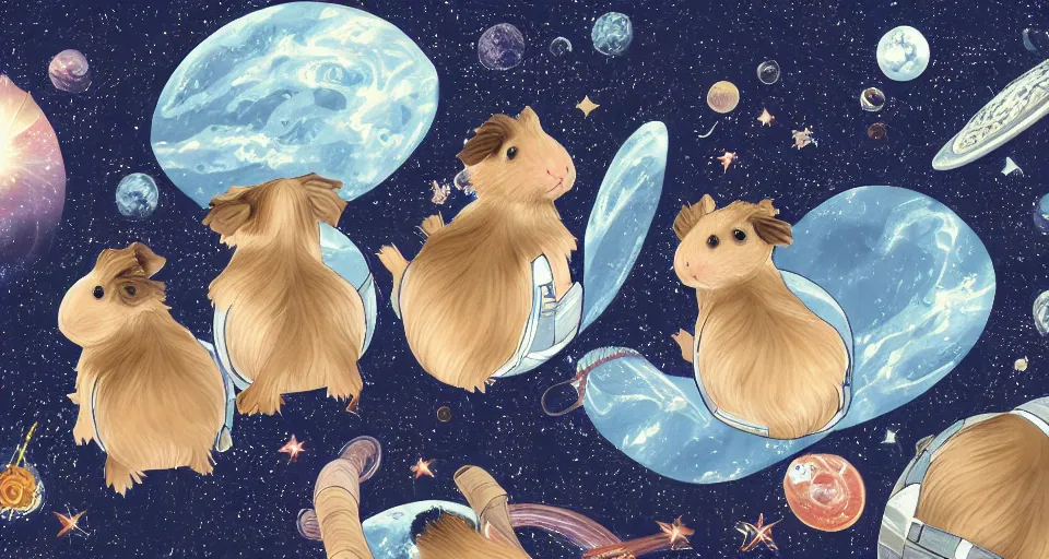 Image similar to back view of baby guineapigs on the cover of vogue magazine flying in space suits, deep dark universe, twinkling and spiral nubela, warmhole, beautiful stars, 4 k, 8 k, by hokusai, samurai man vagabond, detailed, editorial illustration, matte print, concept art, ink style, sketch, digital 2 d