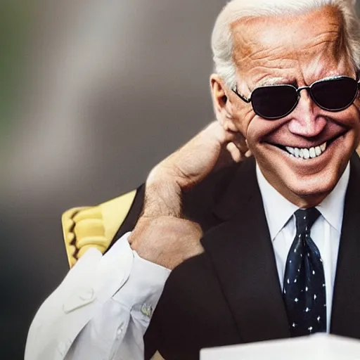 Prompt: “Very photorealistic photo of Biden smiling wearing sunglasses in a giant mech suit, award-winning details”