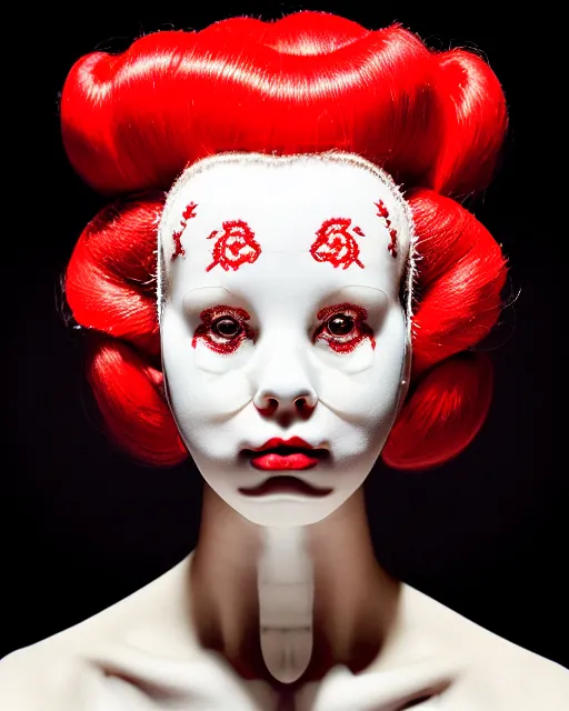 Image similar to symmetrical portrait of a woman wearing a silicone embroidered red beauty mask and white hair buns, wearing a black bodysuit by alexander mcqueen, cream white background, soft diffused light, biotechnology, humanoide robot, bjork aesthetic, translucent, by rineke dijkstra, intricate details, highly detailed, masterpiece,