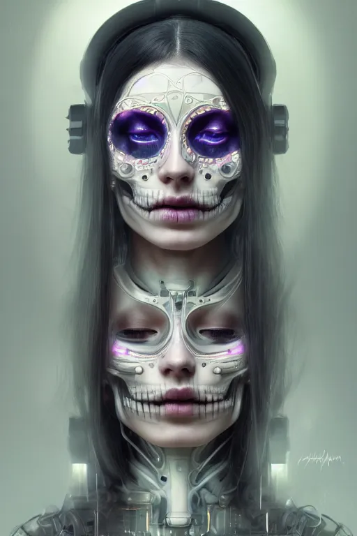 Prompt: ultra detailed portrait of a female android, eyes closed, 8 k, sci - fi, flowerpunk, fantasy, moody, calm, ( dia de los muertos ), asymmetrical, intricate concept art, art by artgerm and giger and michael welan and alphonse mucha and loish and wlop