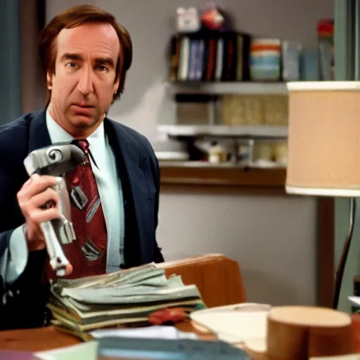 Image similar to a photogrpah still of Saul goodman starring in a 1990s sitcom, 15mm