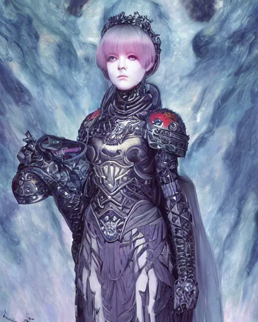 Image similar to portrait of beautiful cute young goth maiden girl with short white hairs in warhammer armor, art by ( ( ( kuvshinov ilya ) ) ) and wayne barlowe and gustav klimt and artgerm and wlop