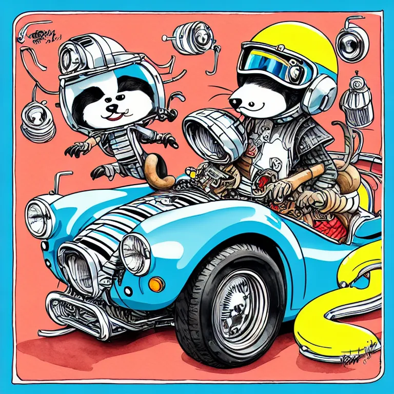 Prompt: cute and funny, racoon wearing a helmet riding in a 1 9 6 5 shelby cobra with oversized engine, ratfink style by ed roth, centered award winning watercolor pen illustration, isometric illustration by chihiro iwasaki, edited by range murata, tiny details by artgerm and watercolor girl, symmetrically isometrically centered, sharply focused