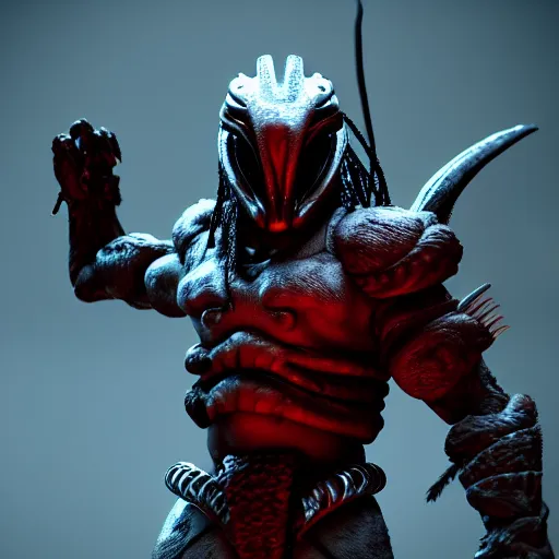 Image similar to predator alien wearing a samurai armor. unreal engine. octane render.