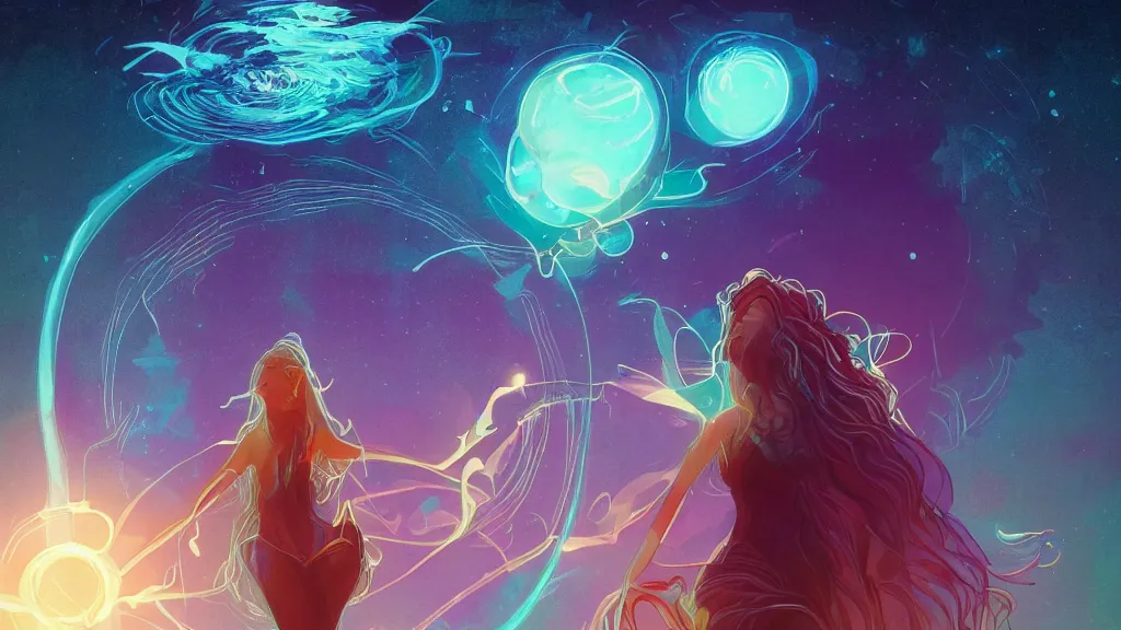 Prompt: one beautiful whimsical goddess standing in a lake basking in the moonlight, casting a spell, underneath a multi-colored binary blackhole with an accretion disc, glowing trails following her arms, acidwave, by Lois van Baarle, by Greg Rutkowski, by artgerm, by beeple, by studio ghibli, cinematic angle, volumetric lighting, 4k resolution, octane render, trending on artstation, masterpiece