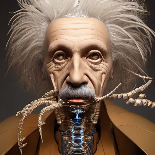 Prompt: masterpiece portrait ethereal biomechanical einstein with incredible technological hair, crystal incrustations, hyper - detailed face, elegant posed, intricate, octane render, cinematic lighting, cgsociety, unreal engine,