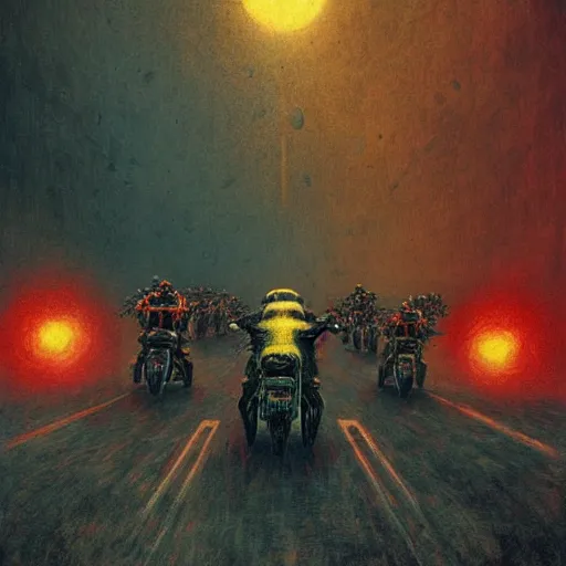 Image similar to motorbikers race in hell, pursued by demons, beksinski and tristan eaton, dark neon trimmed beautiful dystopian digital art