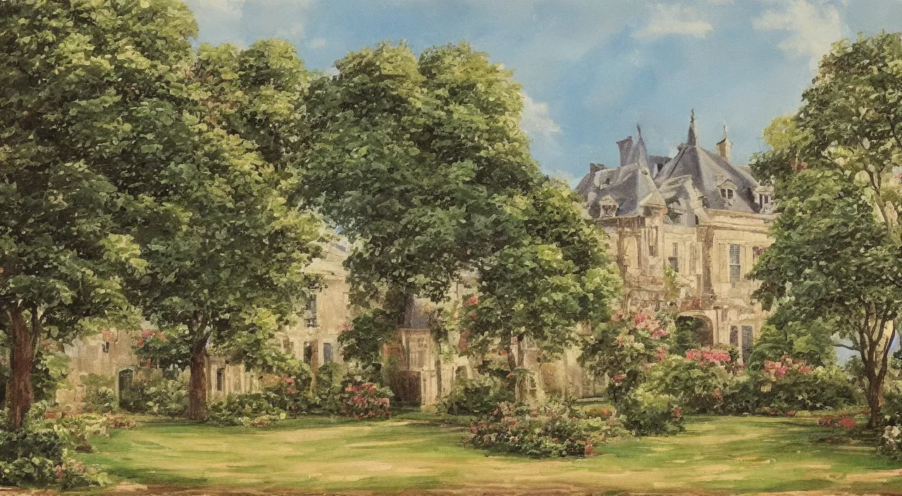 Image similar to a landscape painting of a French manor, with a square and garden, in the style of anime