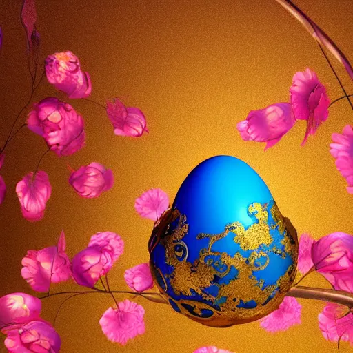 Prompt: an elaborate glowing red and blue egg emerging from the blossom of a metallic gold flower with tendrils of gold wrapping around the egg, magic eggplant, fantasy concept art