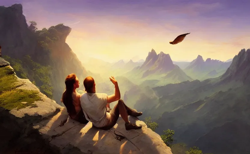 Image similar to A couple sitting on a cliff and watching the beautiful sunset, mountains, river, birds flying, beautiful view, oil on canvas by Frank Frazetta, digital art, WLOP, Mandy Jurgens