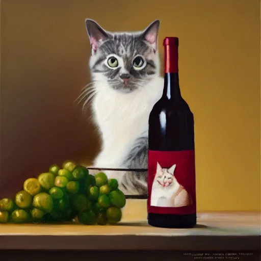 Prompt: beautiful oil painting of a cat in an empty bottle of wine, trending on artstation, 4 k, high quality, colorful