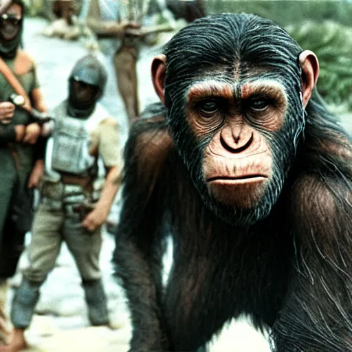 Prompt: still of planet of the apes 1 9 6 8 but in madrid